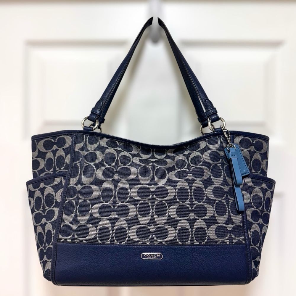 SOLD Coach Park Carrie Tote Signature Denim Canvas Blue Leather Trim
